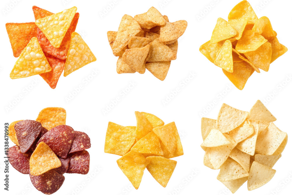 Assorted Tortilla Chips Piled on White Background for Snacking Assorted Tortilla Chips Piled on White Background for Snacking