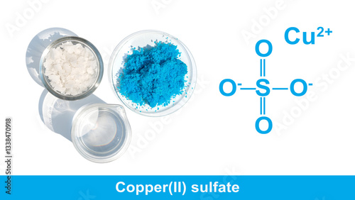Copper(II) sulfate with molecular structure. Chemical ingredient used in medical and public health issues.