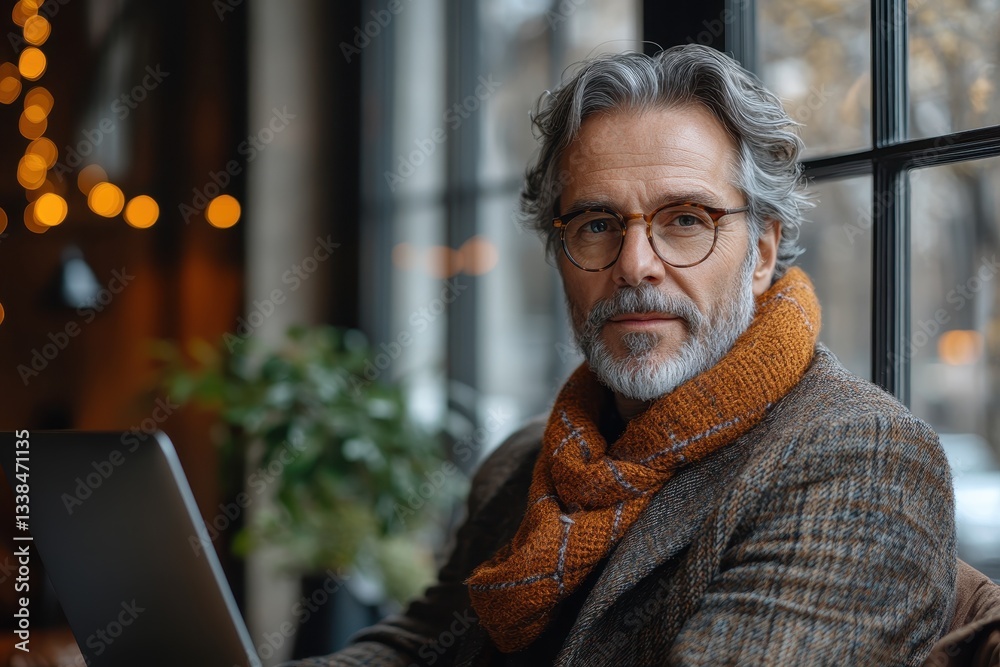 Obraz premium Mature man working on laptop while enjoying cozy café atmosphere in autumn