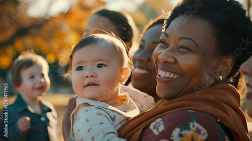 A diverse group of mothers from different ethnic backgrounds holding their children in a park, genuine smiles, soft golden light