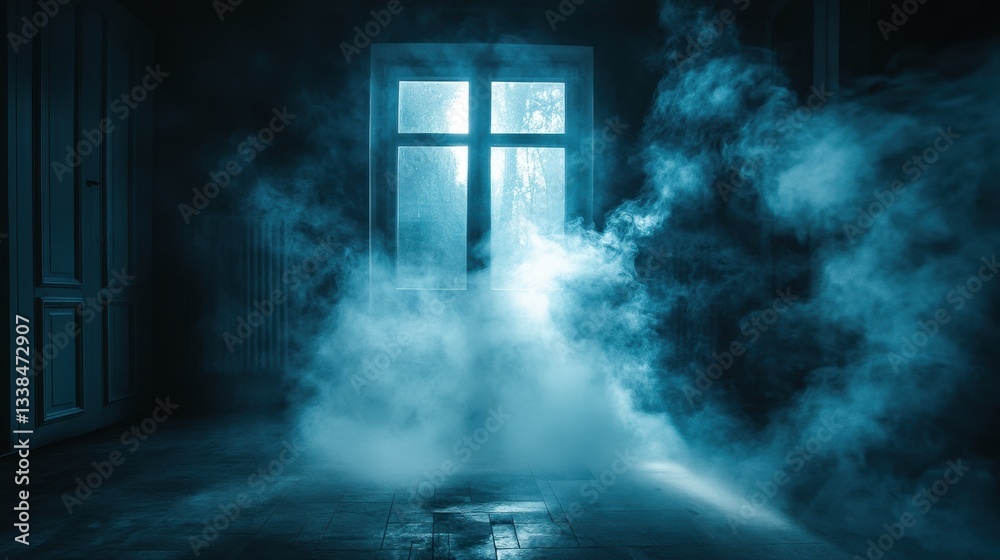 Dark, spooky room with window and blue fog, creating a mysterious atmosphere. Use for horror, suspenseful themes, or supernatural and thriller projects. Dark, spooky room with window and blue fog, creating a mysterious atmosphere. Use for horror, suspenseful themes, or supernatural and thriller projects.