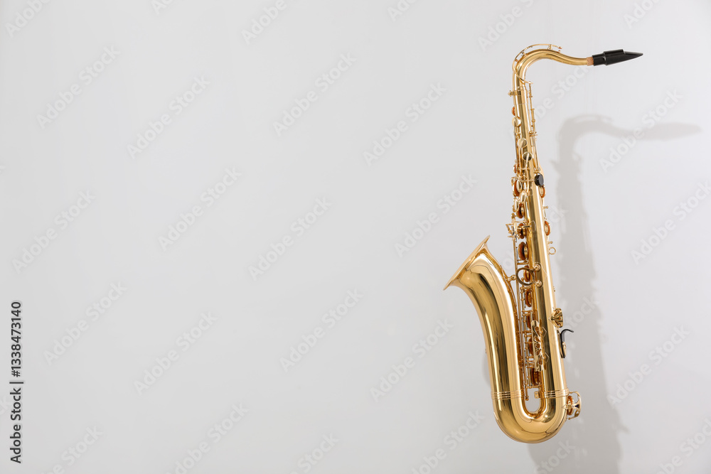 Naklejka premium Golden saxophone on light grey background. Space for text