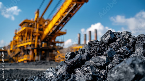 ESG Business Risk, Coal mining site with machinery under blue sky