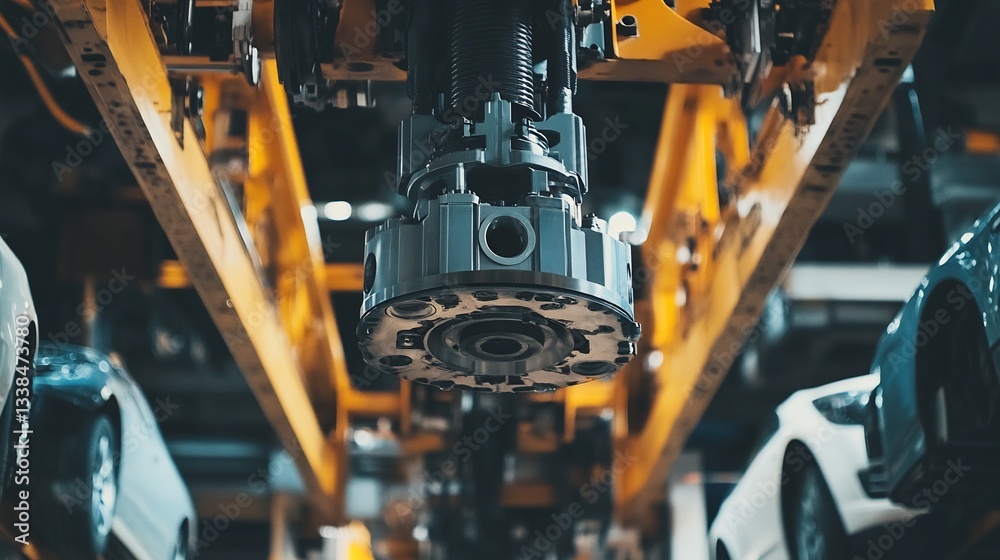 Automated precision, robotic arm assembling cars in a modern factory Automated precision, robotic arm assembling cars in a modern factory