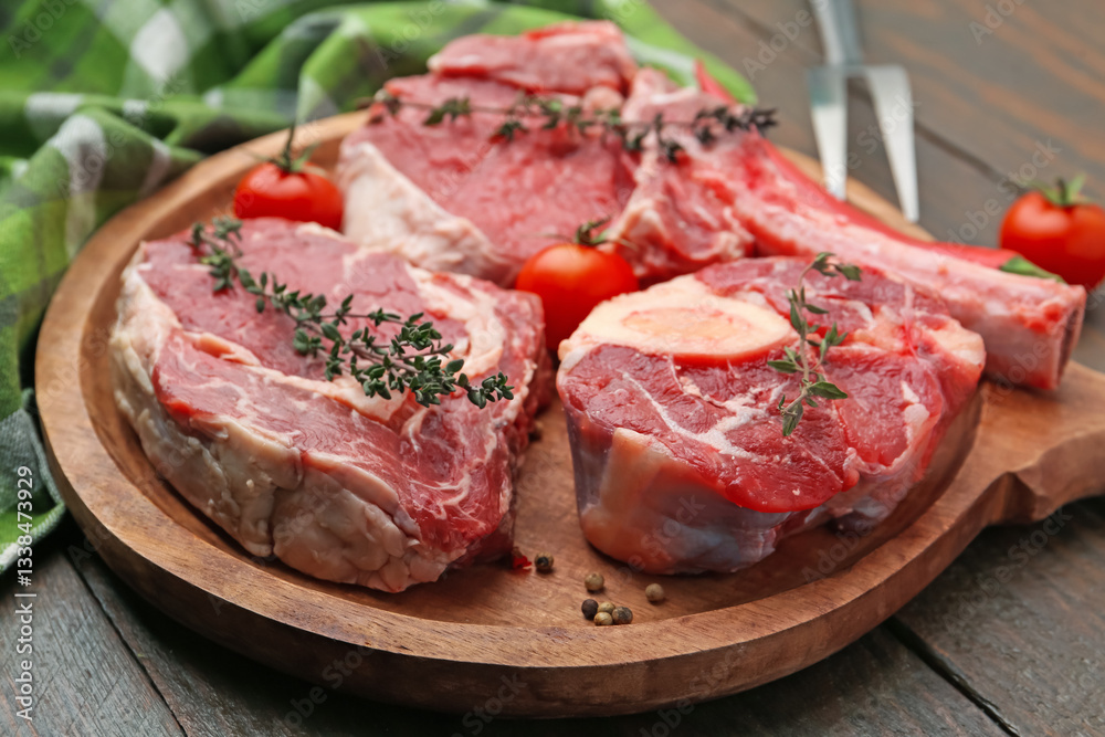 Pieces of raw beef, tomatoes and spices on wooden table, closeup Pieces of raw beef, tomatoes and spices on wooden table, closeup