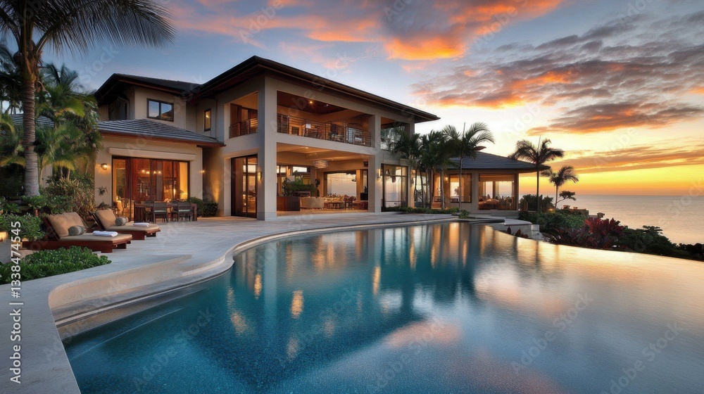Obraz premium A modern beachfront home with a sleek infinity-edge pool, palm trees, and a sunset ocean backdrop.