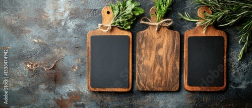 Three wooden cutting boards with a chalkboard for notes and recipes, great for kitchen organization