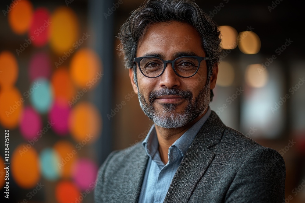 Professional man with glasses smiles warmly in a modern setting with colorful bokeh background Professional man with glasses smiles warmly in a modern setting with colorful bokeh background