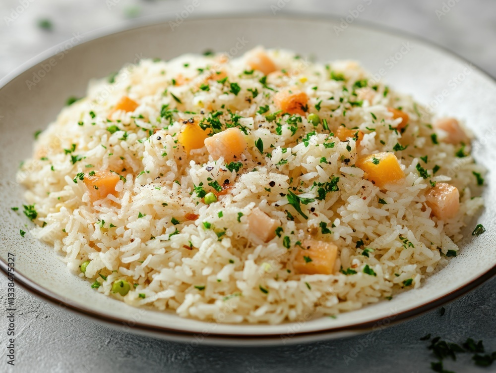 Delicious rice dish with salmon and herbs on a plate for healthy eating and culinary delight Delicious rice dish with salmon and herbs on a plate for healthy eating and culinary delight
