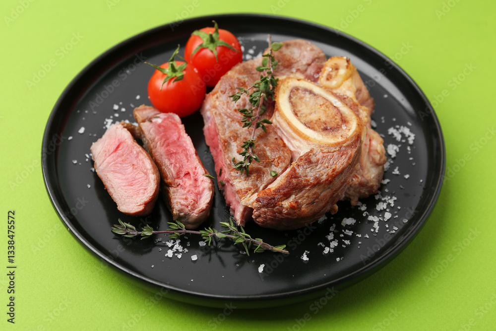 Pieces of delicious beef meat, thyme, salt and tomatoes on green background, closeup Pieces of delicious beef meat, thyme, salt and tomatoes on green background, closeup