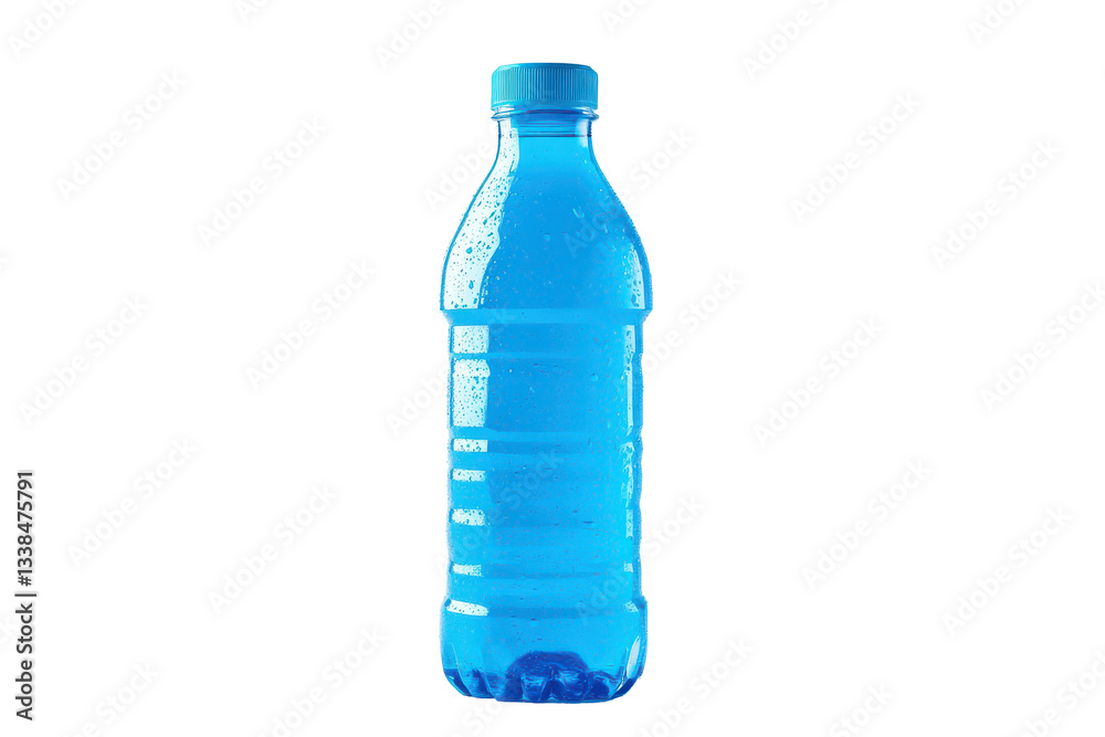 Bright blue water bottle with condensation on surface Bright blue water bottle with condensation on surface