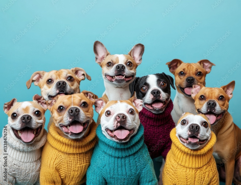 Fototapeta premium Happy dogs in colorful sweaters pose together against a bright blue background in a playful indoor setting