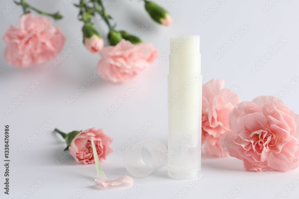 LIp balm and eustoma flowers on white background, closeup LIp balm and eustoma flowers on white background, closeup
