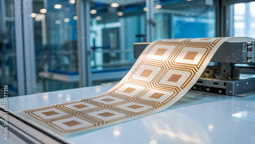 flexible circuit board electronics A printed circuit board on a conveyor in a modern industrial facility.