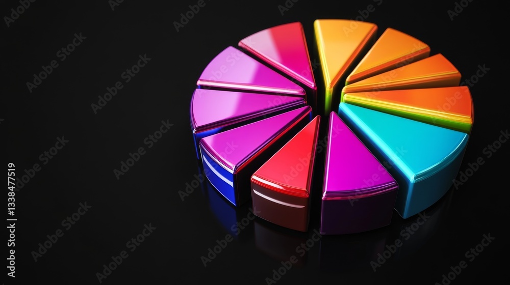 Obraz premium A vibrant D pie chart showcasing financial data, with glossy slices in various colors, set against a sleek black background, emphasizing data representation.