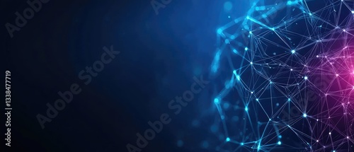A digital network graphic featuring interconnected nodes and lines, illuminated in blue and pink tones against a dark background.
