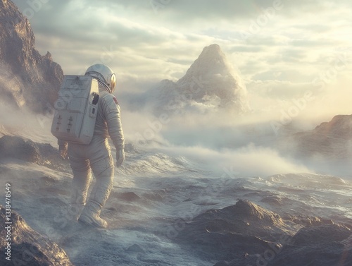 Astronaut walks on rocky terrain, wearing spacesuit and helmet