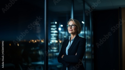 Close up portrait photo of business woman standing in minimalist office room with glass walls and modern style
