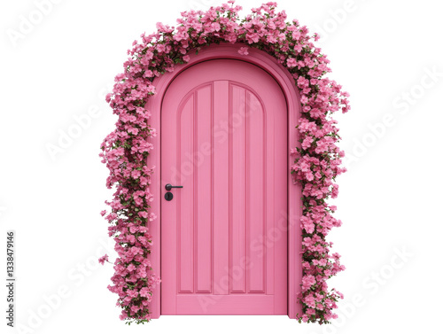 Charming pink door adorned with vibrant blossoms in springtime on a transparent background, cut out