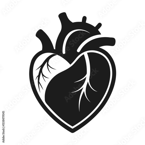 Realistic Heart icon Black silhouette isolated on a transparent background