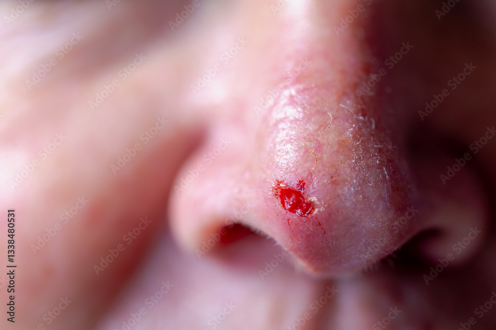 Fototapeta premium Health care concept, Close up of man nose with red spot and blood after biopsy, Wound on tip of nose, Basal-cell carcinoma (BCC) also known as basal-cell cancer is the most common type of skin cancer.