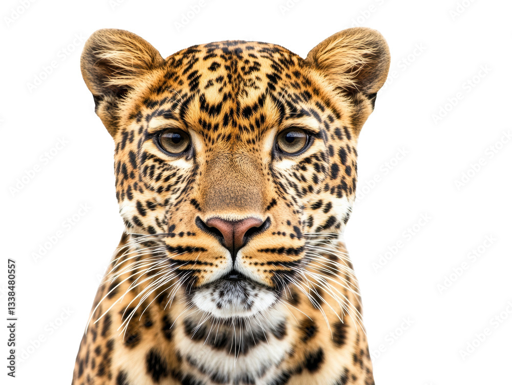 Fototapeta premium Leopard displaying striking facial features against a white background
