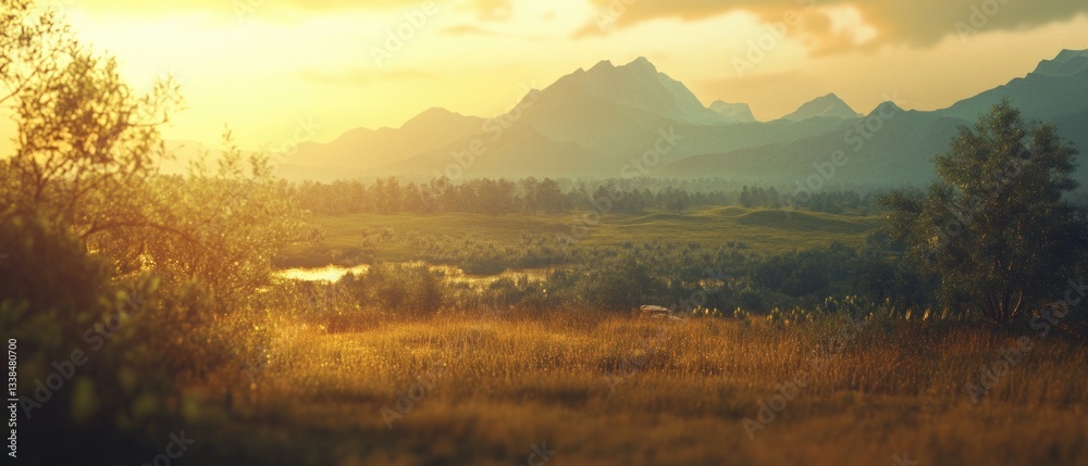 Fototapeta premium A serene landscape featuring a mountain range and a lake in the foreground, ideal for use in travel or nature-themed projects