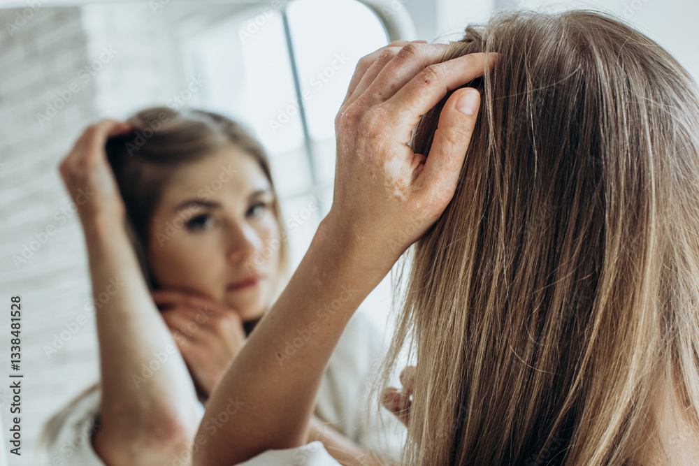 Fototapeta premium Sick person. Unrecognizable young woman suffering from autoimmune incurable dermatological skin disease called psoriasis. Large red inflamed scaly rash on elbows. joints affected by psoriatic arthriti