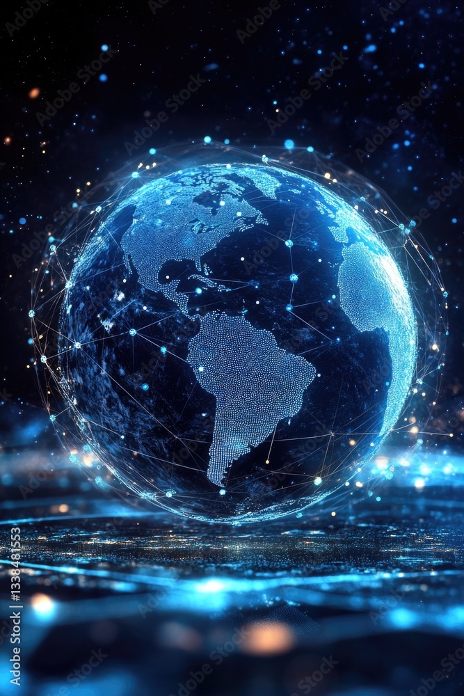 Fototapeta premium A globe with a network of dots and stars in the background, suitable for maps, astronomy, or science illustrations
