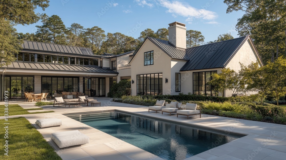 Naklejka premium A serene countryside modern home with a cozy pool, elegant patio seating, and lush greenery all around.