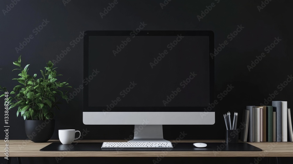 A computer monitor sitting on a wooden desk A computer monitor sitting on a wooden desk