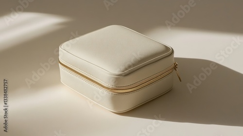 Wallpaper Mural A modern aesthetic soft beige beauty bag with a gold-trimmed zipper on a cream background Torontodigital.ca