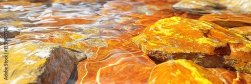 Glass-like spring water over vivid orange and yellow textured stones