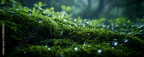 Glistening spring water droplets on deep forest moss in soft white light