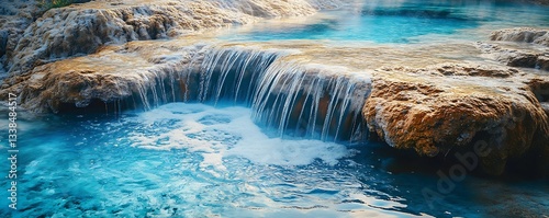 Pristine spring water cascading into a shallow pool with vivid blue tones