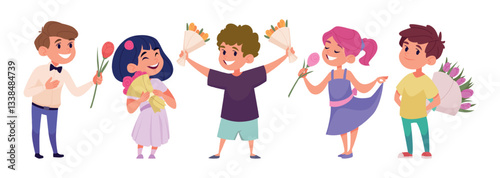 Kids with flowers. Children male and female happy characters holding bouquets of flowers exact vector presents for girls