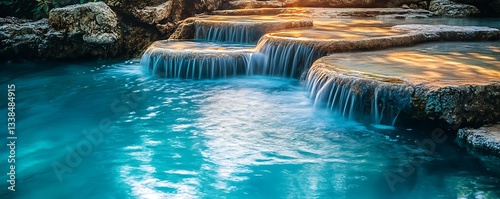 Pristine spring water cascading into a shallow pool with vivid blue tones