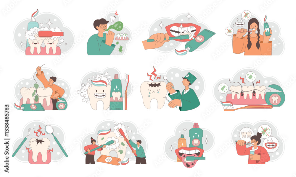 Naklejka premium Dental hygiene. Medical illustrations of oral care teeth cleaning daily routine recent vector template set in flat style