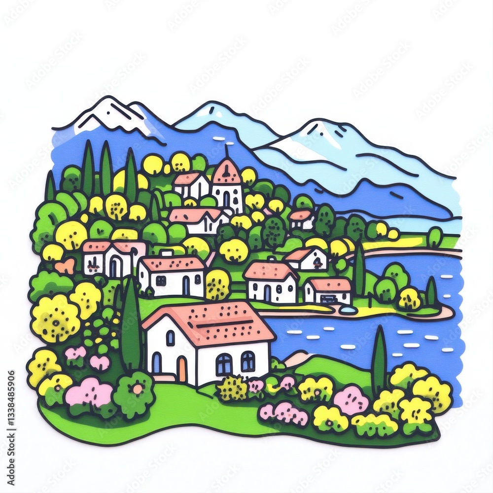 Fototapeta premium Charming Colorful Village Surrounded by Mountains and Lush Green Nature with Serene Water View