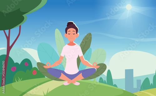 Yoga lessons. relax time outdoor female characters sitting in yoga asana. cartoon background