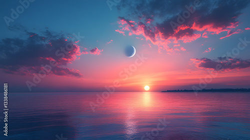 A mesmerizing photography capturing a clear twilight sky with streaks of pink and orange clouds, complemented by a faint crescent moon in the distance.