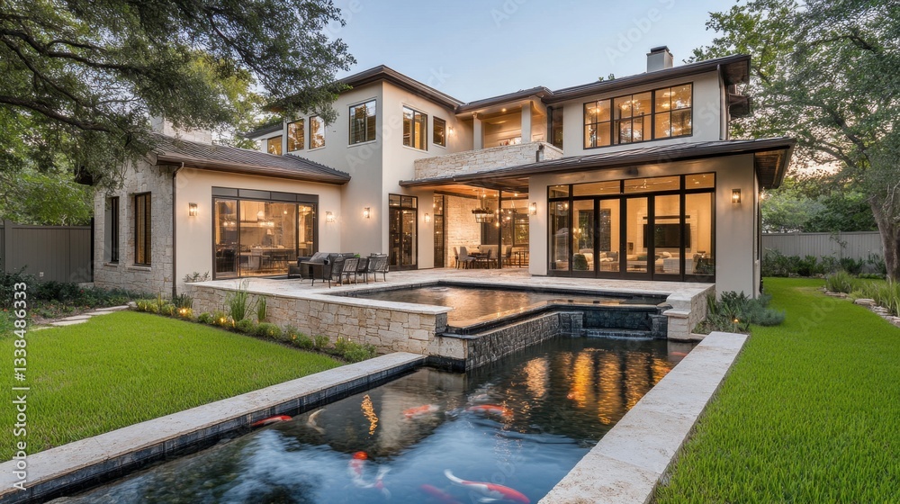 A smart home with a beautifully maintained backyard, featuring a koi pond, modern stone accents, and soft lighting. A smart home with a beautifully maintained backyard, featuring a koi pond, modern stone accents, and soft lighting.