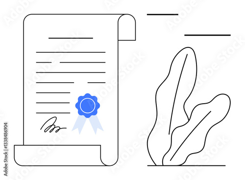 Scroll-shaped document with a blue award ribbon, detailed lines of text, and a signature. Abstract leaf artwork complements the design. Ideal for education, awards, professionalism, contracts