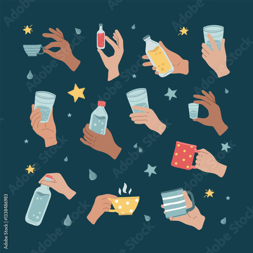 Hands in various gestures hold bottles, glasses and cups. Plastic and glass container for liquid. Bottled beverages with clean water, soda, juice in arm. Hot and cold drinks. Vector illustration