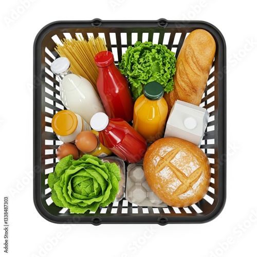 A full shopping basket containing several common grocery items
