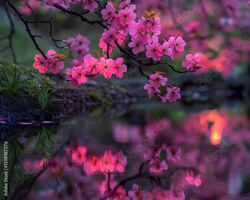 Still spring water reflecting vivid pink blossoms under a soft evening glow