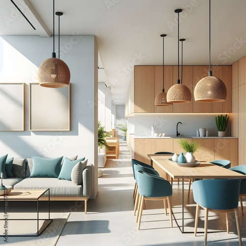 Navy blue sofa in studio apartment. Scandinavian home interior design of modern living room and kitchen