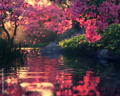 Still spring water reflecting vivid pink blossoms under a soft evening glow