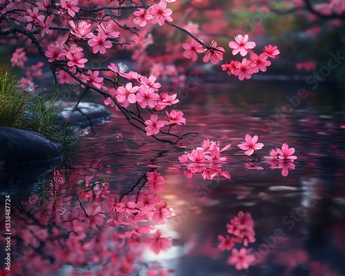 Still spring water reflecting vivid pink blossoms under a soft evening glow