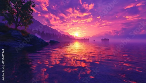 Sun-kissed spring water reflecting vivid purple skies in early dawn